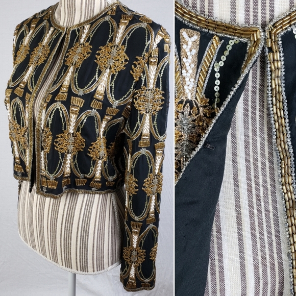 Vintage A.J.BARI Silk Jacket Blazer Beaded Sequined Bohemian size S Baroque Boho - Picture 5 of 15